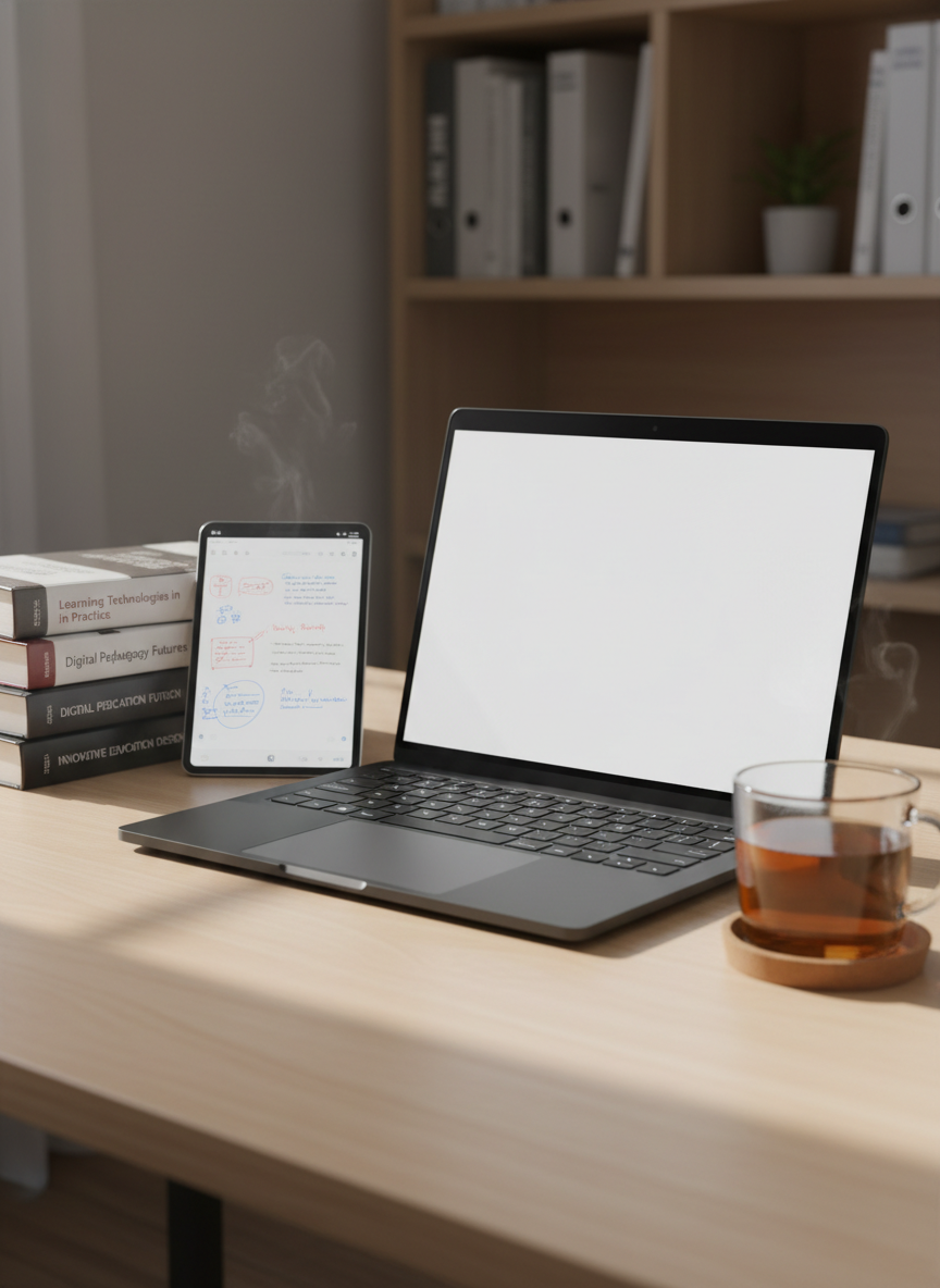 A sleek, open laptop with a matte black finish and a luminous blank document on screen, resting on a pale wooden desk. Around it, neatly stacked academic books on learning technologies and a slim tablet with handwritten annotations glow softly. A clear glass mug of tea sits on a cork coaster, steam barely visible. Soft morning daylight enters from an unseen window to the left, creating gentle shadows and subtle reflections on the laptop keys. Photographic realism, shot at eye level with a shallow depth of field, the background fading into a blurred bookshelf. The mood is contemplative and professional, suggesting quiet research and reflective digital pedagogy work.