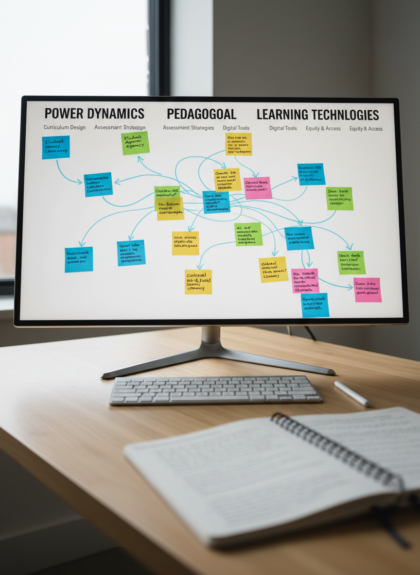 A large digital whiteboard displayed on an ultra-thin monitor, covered in colorful virtual sticky notes, flow arrows, and neatly typed headings about power, pedagogy, and learning technologies. The monitor stands on a clean, minimalist desk made of light ash wood, accompanied by a slim wireless keyboard and a stylus resting beside a small notebook filled with dense handwritten reflections. Cool, diffused overcast light comes from a nearby window, casting soft, even illumination with almost no harsh shadows. Photographic realism, framed using the rule of thirds from a slightly elevated angle, with crisp focus on the digital whiteboard and a gentle bokeh softening the rest of the workspace. The atmosphere feels analytical yet creative, ideal for reflective research planning.