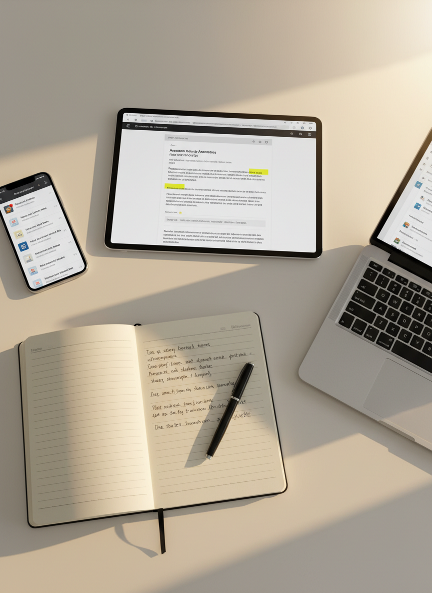 An overhead shot of a polished white desk displaying an arrangement of digital research tools: a tablet showing a highlighted academic PDF, a smartphone screen with a citation manager open, and a laptop running a learning management system interface. Between them, a lined notebook lies open, filled with tidy handwritten reflections in dark ink and a fine-point pen resting diagonally. Soft golden hour light washes across from the right, creating warm highlights on the metallic edges of devices and casting elongated, calm shadows. Photographic realism with sharp focus throughout, emphasizing the orderly yet active research environment. The mood is focused and methodical, evoking thoughtful engagement with digital pedagogy scholarship and tools.