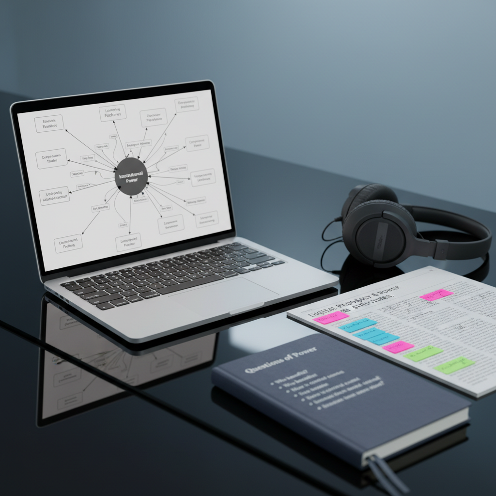 A close-up of a reflective surface desk where a slim silver laptop displays a grayscale network diagram visualizing relationships between students, platforms, and institutional power. Beside it, a pair of over-ear headphones rests on a printed article marked with neon sticky flags and precise margin notes. A muted navy notebook lies slightly open, revealing a page titled "Questions of Power" in neat lettering. Soft, cool-toned studio lighting from above and slightly behind creates subtle rim highlights on the laptop edges and gentle reflections in the glossy desk. Photographic realism, shot from a low, angled perspective with a shallow depth of field that keeps the diagram sharply in focus. The mood is serious, critical, and introspective, emphasizing analytical work on power in digital learning.